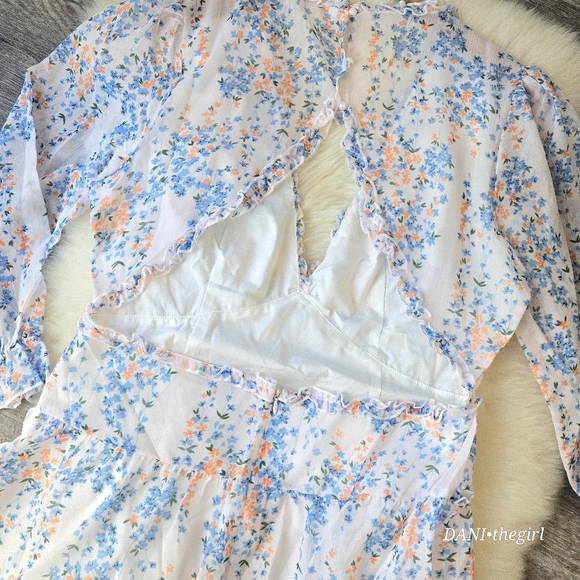 Floral Chiffon Open Back Cutout Ruffle Trim Semi-Sheer Long Sleeve Dress - Picture 11 of 15